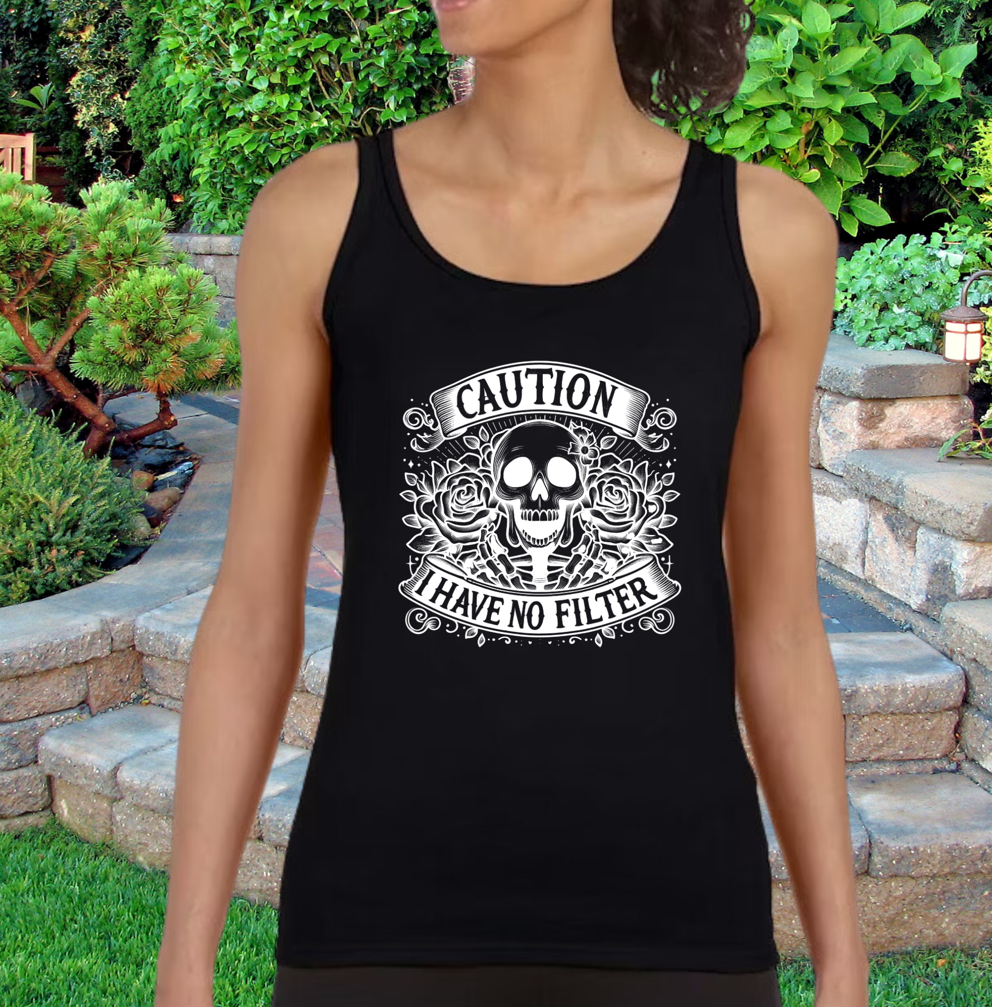 Funny CAUTION I Have No Filter Floral Skeleton Women's Tank Top
