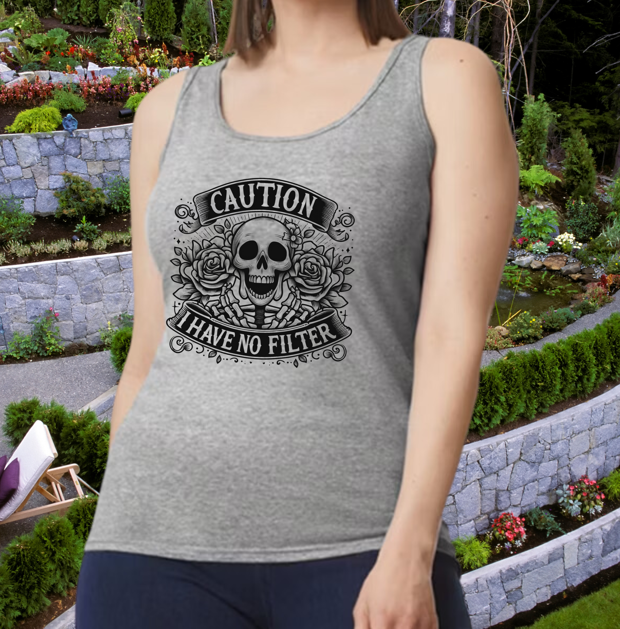 Funny CAUTION I Have No Filter Floral Skeleton Women's Tank Top