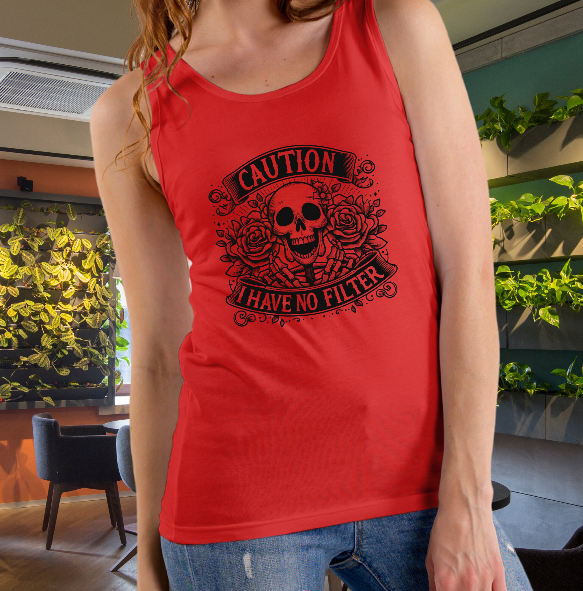 Funny CAUTION I Have No Filter Floral Skeleton Women's Tank Top