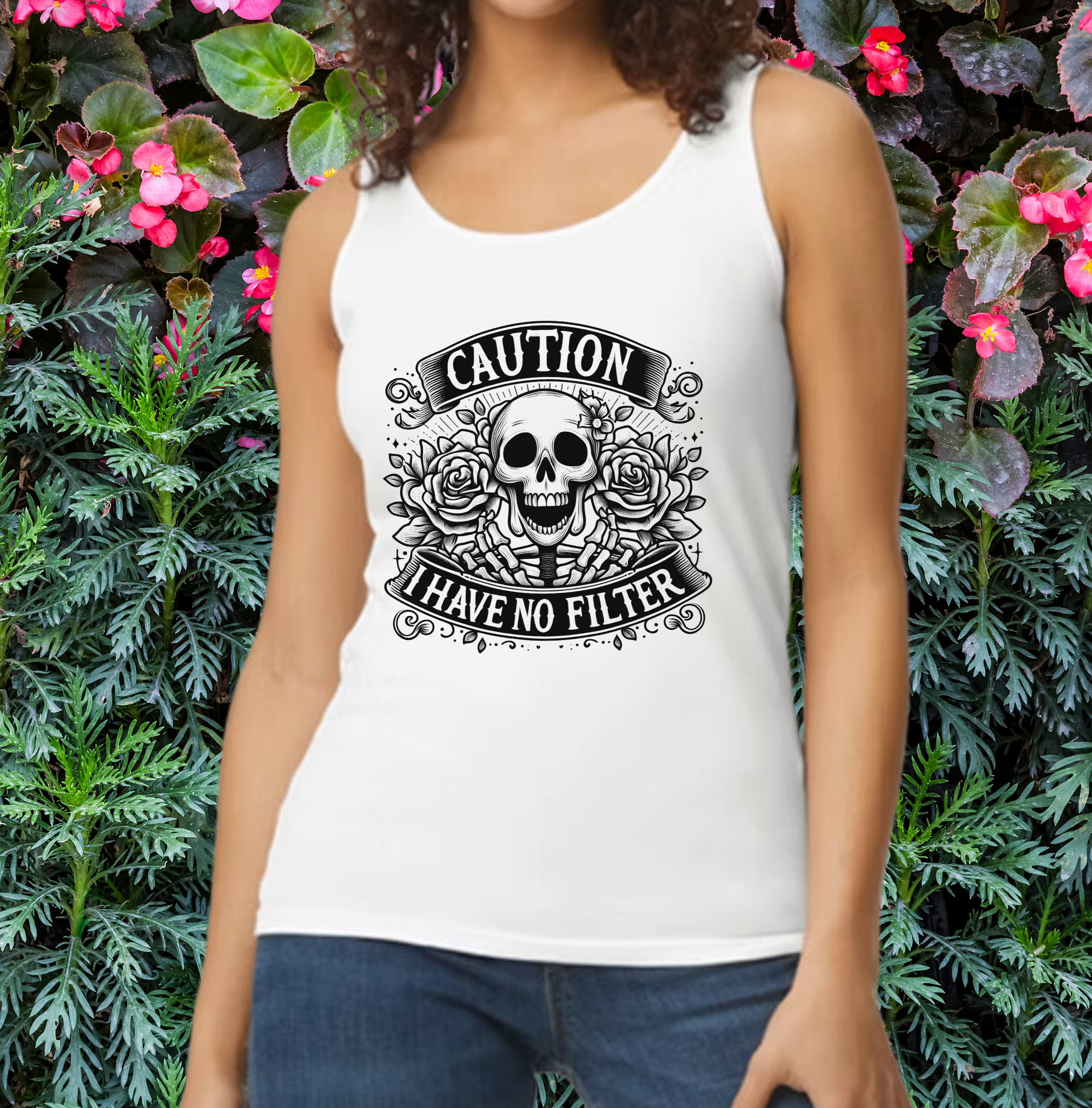 Funny CAUTION I Have No Filter Floral Skeleton Women's Tank Top